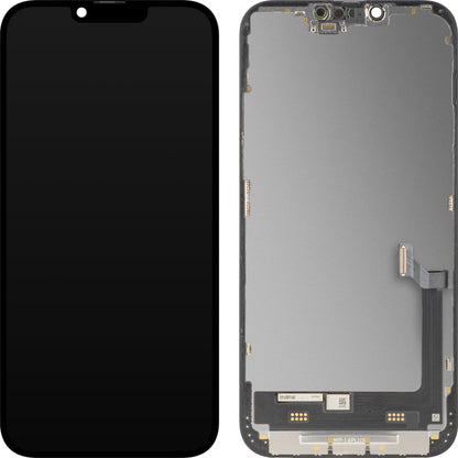 Ecrã com Touchscreen MP compatível com Apple iPhone 14 Plus, com Moldura, Versão Premium Soft OLED FHD 120Hz Diagnóstico, Preto