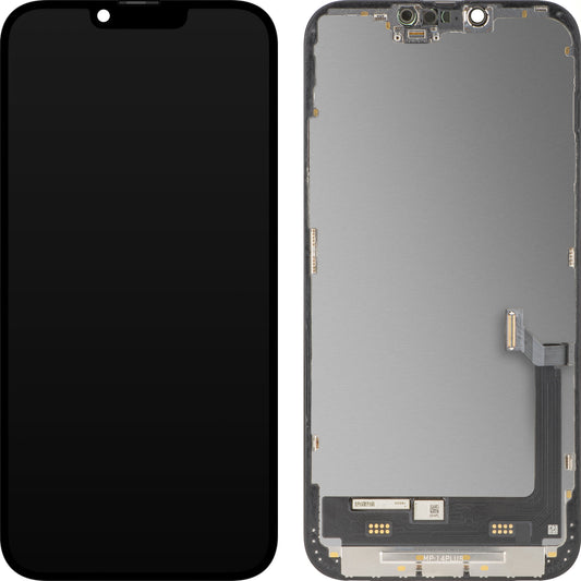 Ecrã com Touchscreen MP compatível com Apple iPhone 14 Plus, com Moldura, Versão Premium Soft OLED FHD 120Hz Diagnóstico, Preto