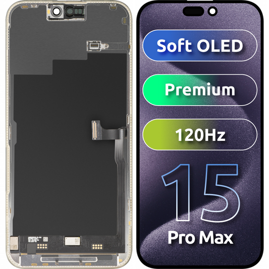 Ecrã com Touchscreen MP compatível com Apple iPhone 15 Pro Max, com Moldura, Versão Premium Soft OLED FHD 120Hz, Preto