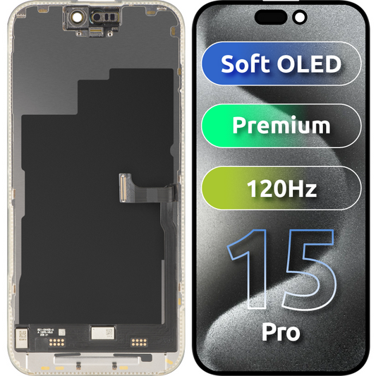 Ecrã com Touchscreen MP compatível com Apple iPhone 15 Pro, com Moldura, Versão Premium Soft OLED FHD 120Hz, Preto
