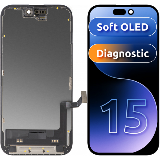 Display com Touchscreen MP compatível com Apple iPhone 15, com Moldura, Versão Soft OLED FHD Diagnóstico, Preto