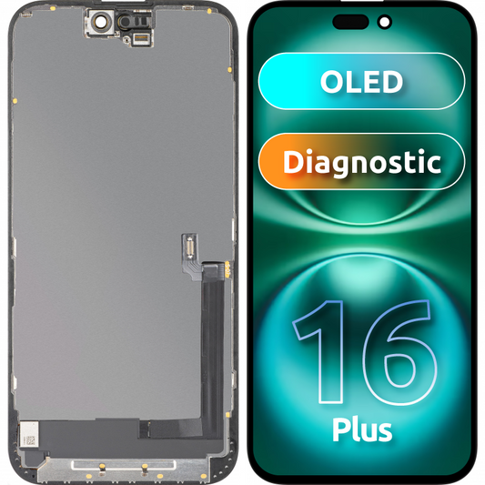 Display com Touchscreen MP compatível com Apple iPhone 16 Plus, com Moldura, Versão OLED FHD Diagnóstico, Preto
