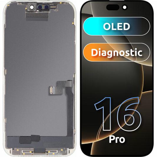 Display com Touchscreen MP compatível com Apple iPhone 16 Pro, com Moldura, Versão OLED FHD Diagnóstico, Preto