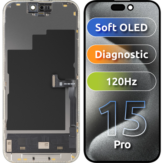 Display com Touchscreen MP compatível com Apple iPhone 15 Pro, com Moldura, Versão Soft OLED FHD 120Hz Diagnóstico, Preto