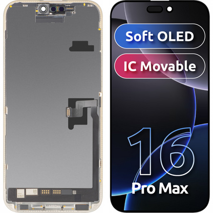 Ecrã com ecrã tátil MP compatível com Apple iPhone 16 Pro Max, com Moldura, Versão Soft OLED FHD IC Movable, Preto