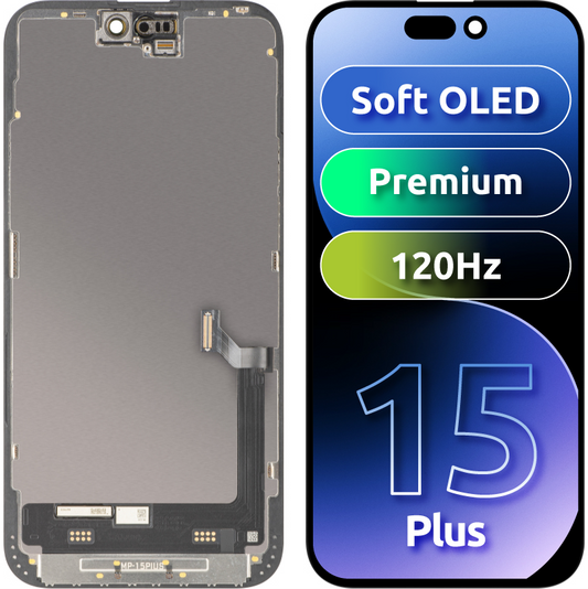 Ecrã com ecrã tátil MP compatível com Apple iPhone 15 Plus, com Moldura, Versão Premium Soft OLED FHD 120Hz, Preto
