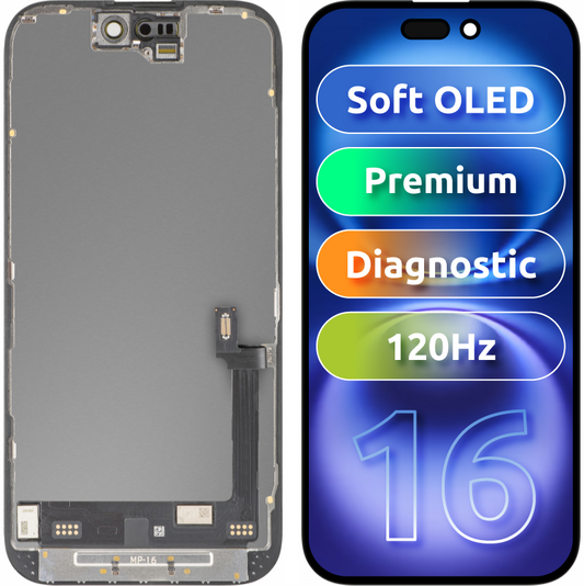 Ecrã com ecrã tátil MP compatível com Apple iPhone 16, com Moldura, Versão Premium Soft OLED FHD 120Hz Diagnóstico, Preto