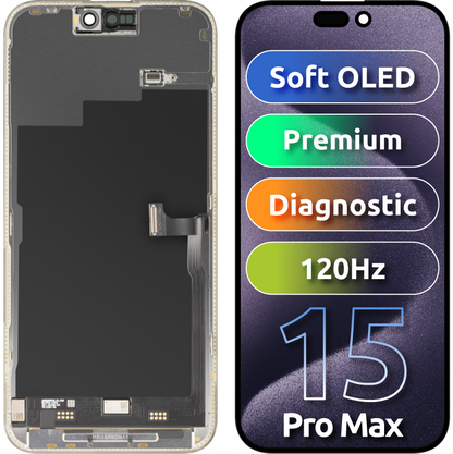 MP Touchscreen Display compatible with Apple iPhone 15 Pro Max, with Frame, Premium Soft OLED FHD 120Hz Diagnostic Version, Black