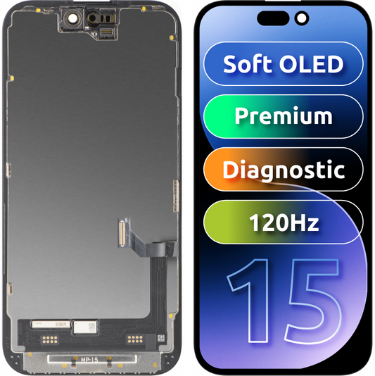 Ecrã com ecrã tátil MP compatível com Apple iPhone 15, com Moldura, Versão Premium Soft OLED FHD 120Hz Diagnóstico, Preto