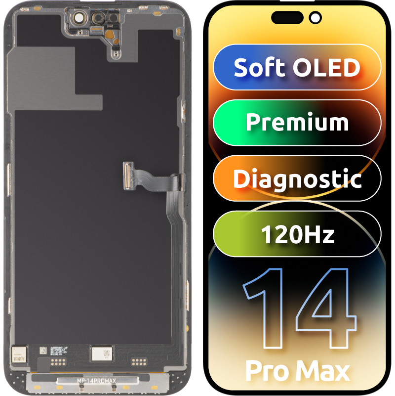 MP Touchscreen Display compatible with Apple iPhone 14 Pro Max, with Frame, Premium Soft OLED FHD 120Hz Diagnostic Version, Black