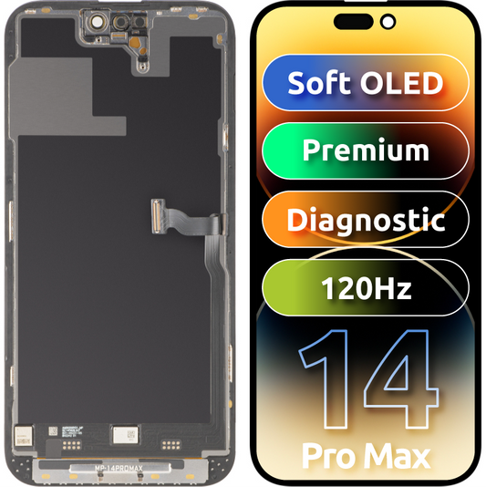 Ecrã com ecrã tátil MP compatível com Apple iPhone 14 Pro Max, com Moldura, Versão Premium Soft OLED FHD 120Hz Diagnóstico, Preto