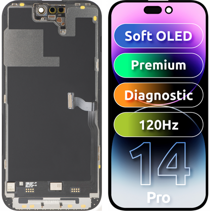 Ecrã com Touchscreen MP compatível com Apple iPhone 14 Pro, com Moldura, Versão Premium Soft OLED FHD 120Hz Diagnóstico, Preto