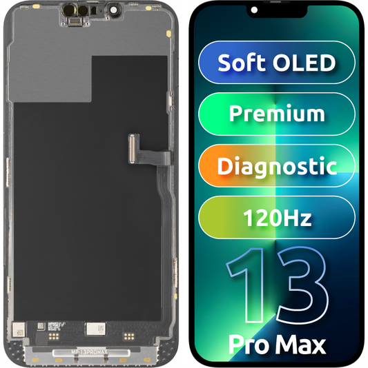 Ecrã com ecrã tátil MP compatível com Apple iPhone 13 Pro Max, com Moldura, Versão Premium Soft OLED FHD 120Hz Diagnóstico, Preto