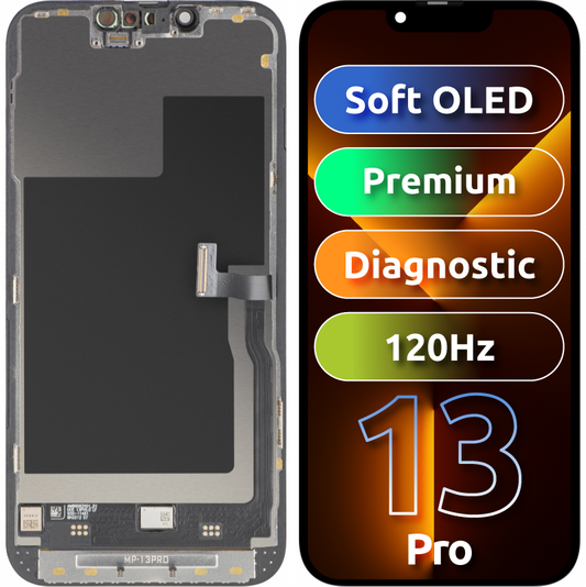 Ecrã com ecrã tátil MP compatível com Apple iPhone 13 Pro, com Moldura, Versão Premium Soft OLED FHD 120Hz Diagnóstico, Preto