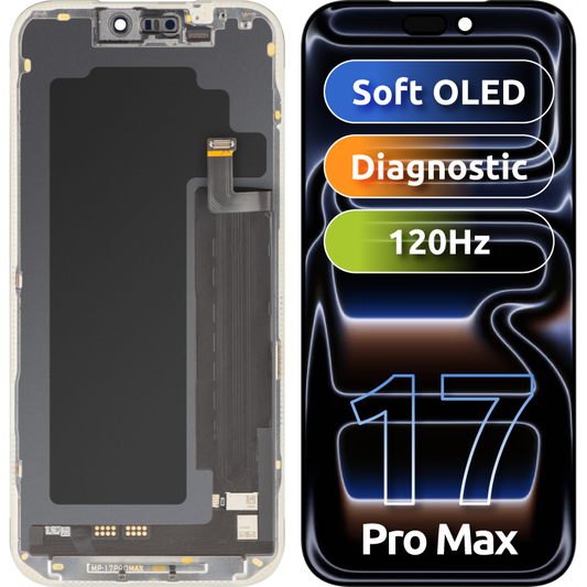 Ecrã com ecrã tátil MP compatível com Apple iPhone 17 Pro Max, com Moldura, Versão Soft OLED FHD Diagnóstico, Preto