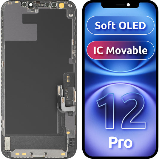 Display com Touchscreen MP compatível com Apple iPhone 12 / 12 Pro, com Moldura, Versão Soft OLED IC Movable FHD, Preto
