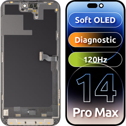 Display com Touchscreen MP compatível com Apple iPhone 14 Pro Max, com Moldura, Versão Soft OLED 120Hz FHD Diagnóstico, Preto