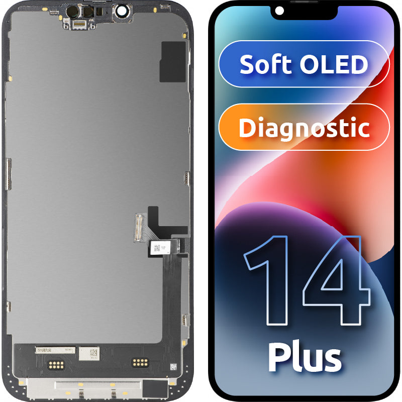Display com Touchscreen MP compatível com Apple iPhone 14 Plus, com Moldura, Versão Soft OLED FHD Diagnóstico, Preto