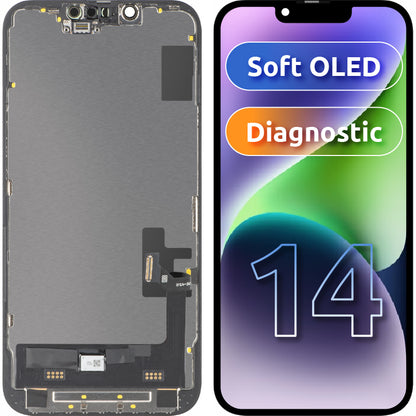Display com Touchscreen MP compatível com Apple iPhone 14, com Moldura, Versão Soft OLED FHD Diagnóstico, Preto