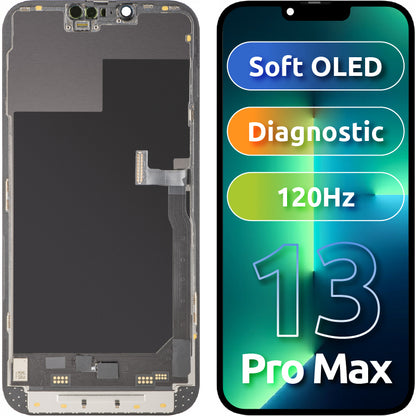 Display com Touchscreen MP compatível com Apple iPhone 13 Pro Max, com Moldura, Versão Soft OLED 120Hz FHD Diagnóstico, Preto