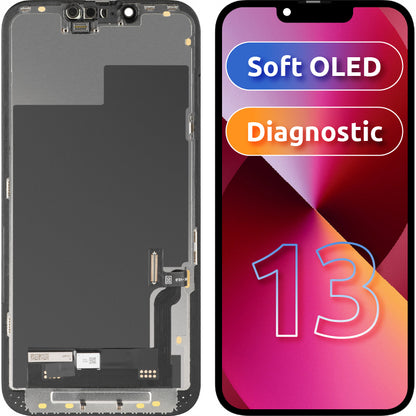 Display com Touchscreen MP compatível com Apple iPhone 13, com Moldura, Versão Soft OLED FHD Diagnóstico, Preto