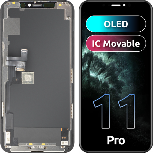 Ecrã com Touchscreen MP compatível com Apple iPhone 11 Pro, com Moldura, Versão OLED FHD IC Movable, Preto