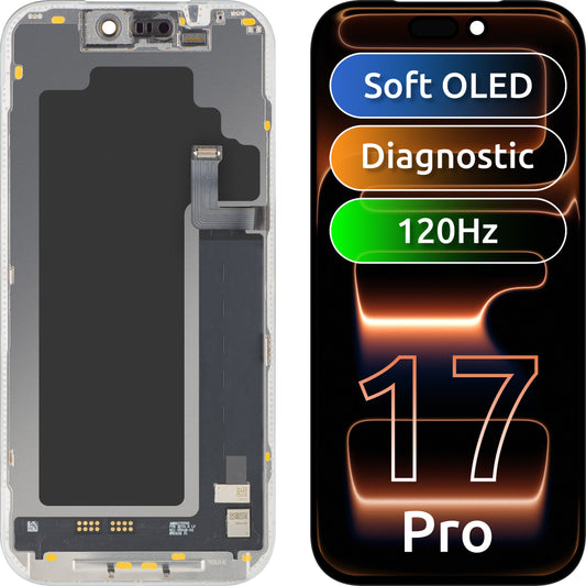 Ecrã com ecrã tátil MP compatível com Apple iPhone 17 Pro, com Moldura, Versão Soft OLED FHD 120Hz Diagnóstico, Preto