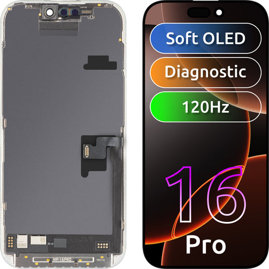 Ecrã com Touchscreen MP compatível com Apple iPhone 16 Pro, com Moldura, Versão Soft OLED FHD 120Hz Diagnóstico, Preto
