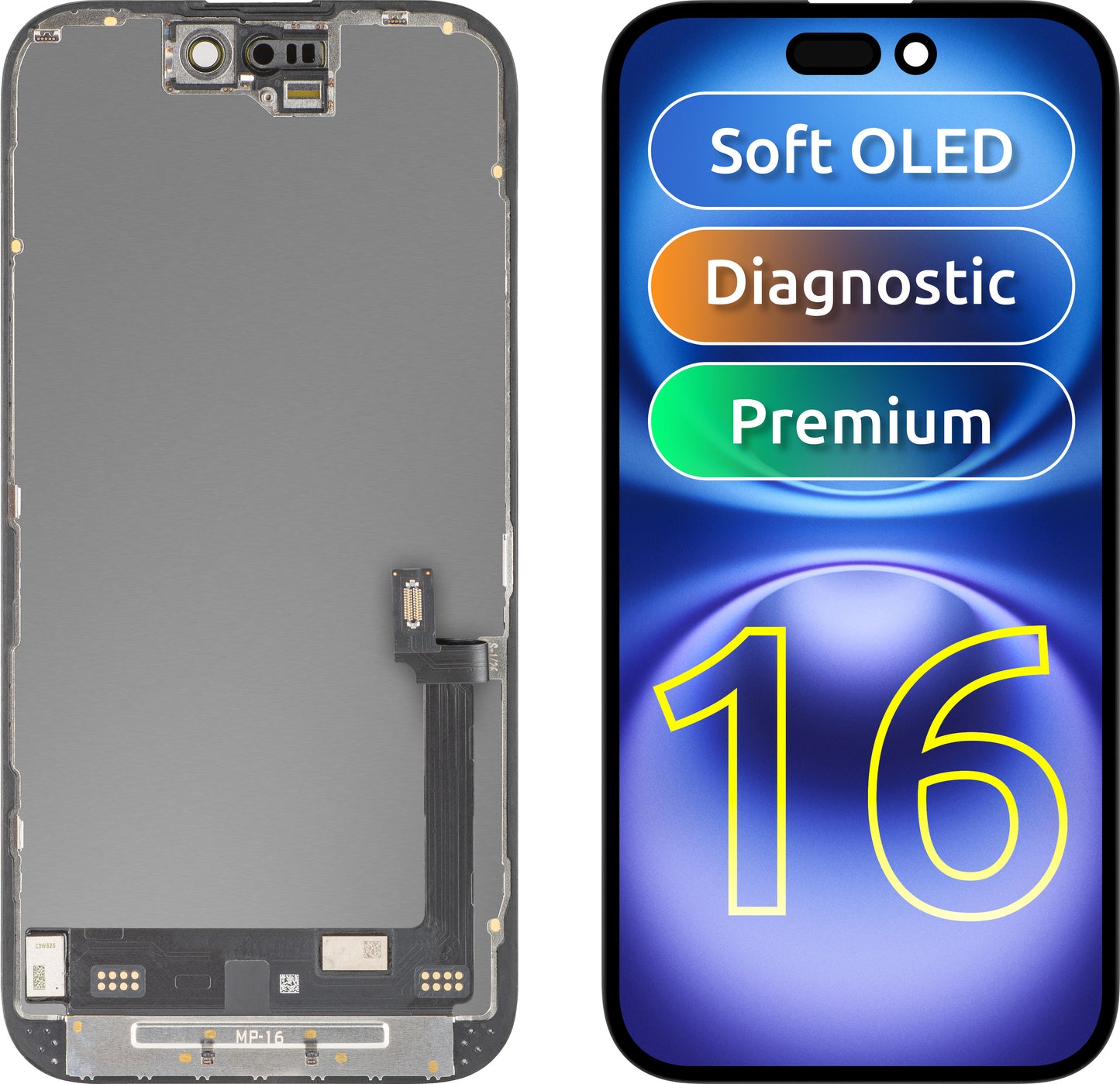 Ecrã com Touchscreen MP compatível com Apple iPhone 16, com Moldura, Versão Premium Soft OLED FHD Diagnóstico, Preto