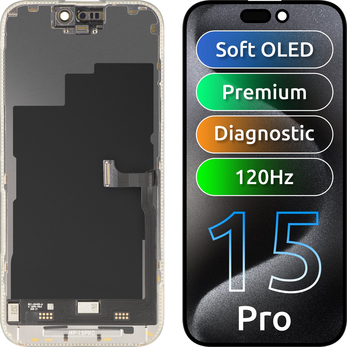 Ecrã com Touchscreen MP compatível com Apple iPhone 15 Pro, com Moldura, Versão Premium Soft OLED FHD 120Hz Diagnóstico, Preto