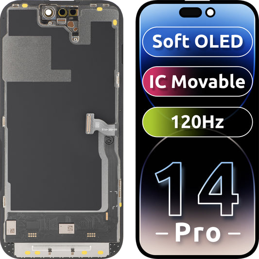 Display com Touchscreen MP compatível com Apple iPhone 14 Pro, com Moldura, Versão Soft OLED IC Movable 120Hz FHD, Preto