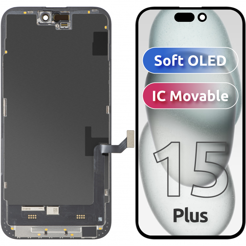 Display com Touchscreen MP compatível com Apple iPhone 15 Plus, com Moldura, Versão Soft OLED FHD IC Movable, Preto