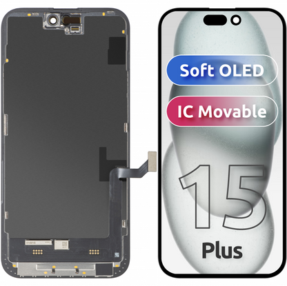 Display com Touchscreen MP compatível com Apple iPhone 15 Plus, com Moldura, Versão Soft OLED FHD IC Movable, Preto