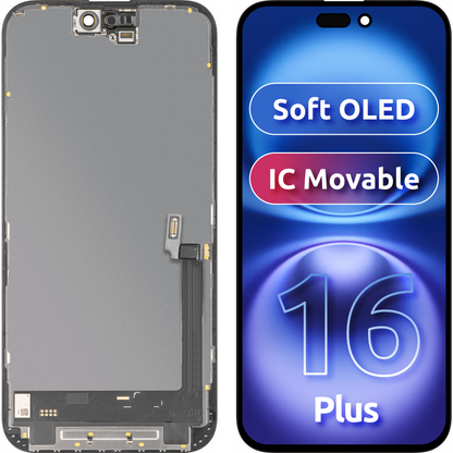 Display com Touchscreen MP compatível com Apple iPhone 16 Plus, com Moldura, Versão Soft OLED IC Movable FHD, Preto