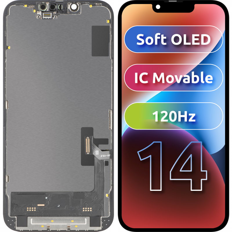 Display com Touchscreen MP compatível com Apple iPhone 14, com Moldura, Versão Soft OLED FHD 120Hz IC Móvel, Preto