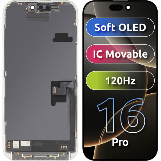 Display com Touchscreen MP compatível com Apple iPhone 16 Pro, com Moldura, Versão Soft OLED FHD 120Hz IC Móvel, Preto