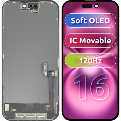 Display com Touchscreen MP compatível com Apple iPhone 16, com Moldura, Versão Soft OLED FHD 120Hz IC Móvel, Preto