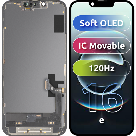 Ecrã com Touchscreen MP compatível com Apple iPhone 17e / 16e, com Moldura, Versão Soft OLED FHD 120Hz IC Movable, Preto
