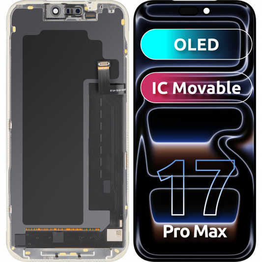 Ecrã com Touchscreen MP compatível com Apple iPhone 17 Pro Max, com Moldura, Versão OLED FHD IC Movable, Preto