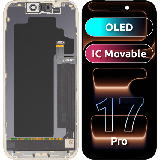 Ecrã com ecrã tátil MP compatível com Apple iPhone 17 Pro, com Moldura, Versão OLED FHD IC Movable, Preto