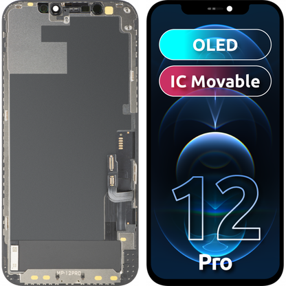 Ecrã com Touchscreen MP compatível com Apple iPhone 12 / 12 Pro, com Moldura, Versão OLED FHD IC Movable, Preto