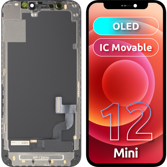 Ecrã com Touchscreen MP compatível com Apple iPhone 12 mini, com Moldura, Versão OLED FHD IC Movable, Preto