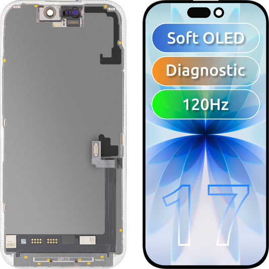 Ecrã com Ecrã Tátil MP compatível com Apple iPhone 17, com Moldura, Versão Soft OLED FHD 120Hz Diagnóstico, Preto