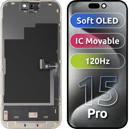 Display com Touchscreen MP compatível com Apple iPhone 15 Pro, com Moldura, Versão Soft OLED IC Movable 120Hz FHD, Preto