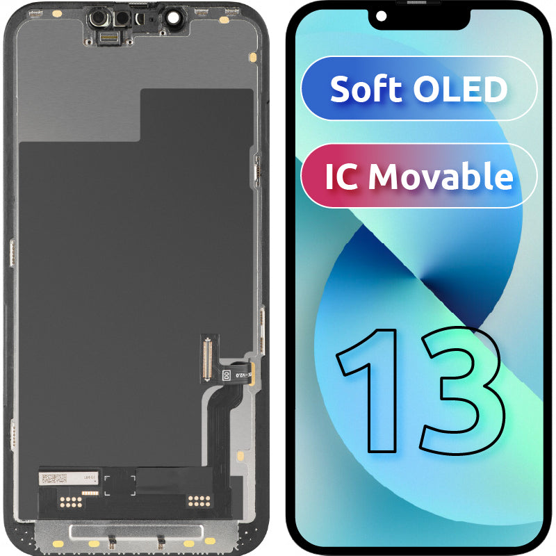 Display com Touchscreen MP compatível com Apple iPhone 13, com Moldura, Versão Soft OLED IC Movable FHD, Preto