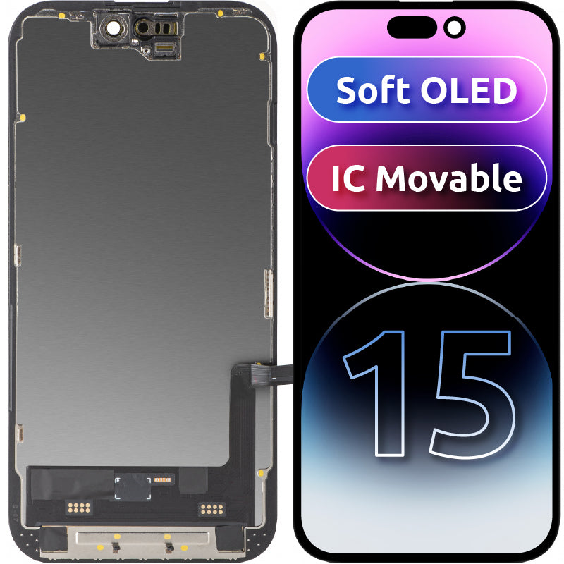 Display com Touchscreen MP compatível com Apple iPhone 15, com Moldura, Versão Soft OLED FHD IC Movable, Preto