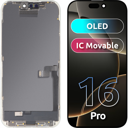 Display com Touchscreen MP compatível com Apple iPhone 16 Pro, com Moldura, Versão OLED FHD IC Movable, Preto