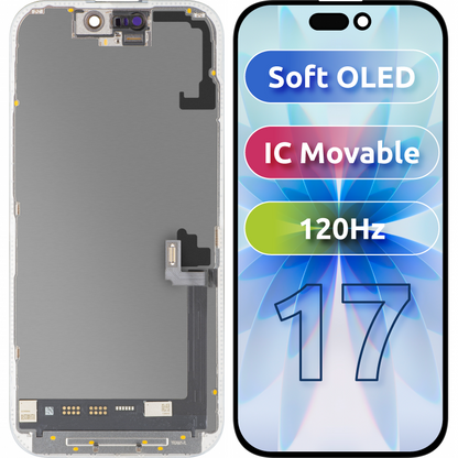 Ecrã com ecrã tátil MP compatível com Apple iPhone 17, com Moldura, Versão Soft OLED FHD 120Hz IC Movable, Preto