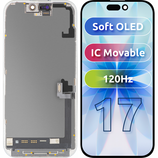 Ecrã com ecrã tátil MP compatível com Apple iPhone 17, com Moldura, Versão Soft OLED FHD 120Hz IC Movable, Preto