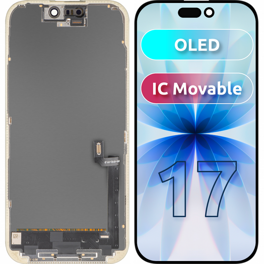 Ecrã com ecrã tátil MP compatível com Apple iPhone 17, com Moldura, Versão OLED FHD IC Movable, Preto